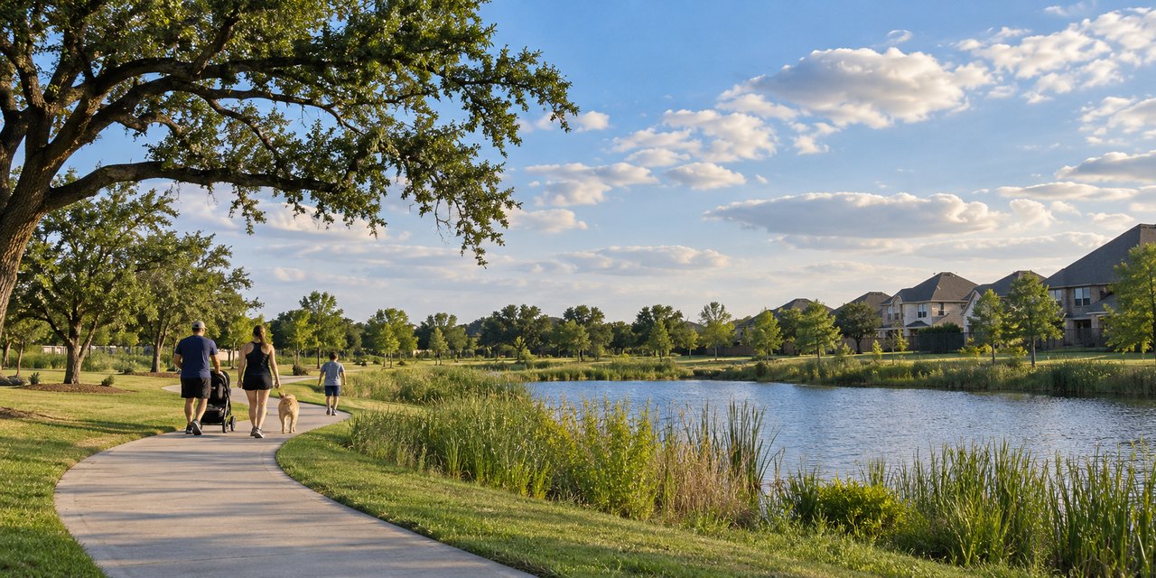 Families walking and biking on a path beside a neighborhood pond